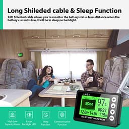LNEX Portable Battery Monitor with Shunt, 500A Automotive Car Battery Monitor for RV 10V-120V, with High and Low Voltage Programmable Alarm and 26ft